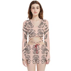 Floral Folk Damask Pattern  Velvet Wrap Crop Top And Shorts Set by Eskimos