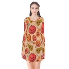 Pumpkin Muzzles Long Sleeve V-neck Flare Dress by SychEva