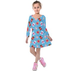 Cute Cats And Bears Kids  Long Sleeve Velvet Dress