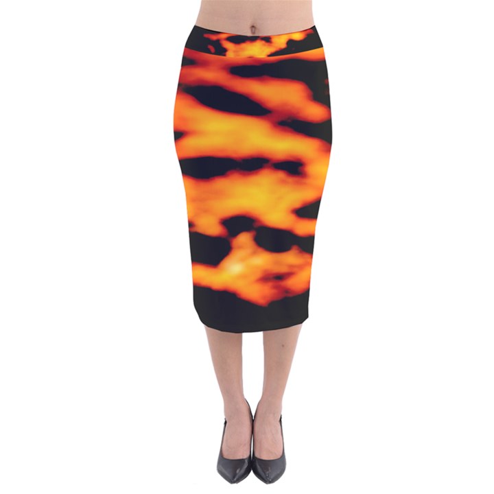 Orange Waves Abstract Series No2 Velvet Midi Pencil Skirt