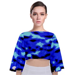 Blue Waves Abstract Series No11 Tie Back Butterfly Sleeve Chiffon Top by DimitriosArt