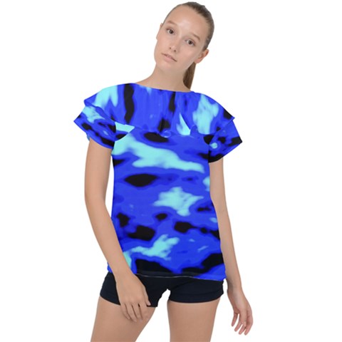 Blue Waves Abstract Series No11 Ruffle Collar Chiffon Blouse by DimitriosArt