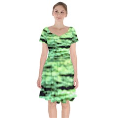 Green  Waves Abstract Series No13 Short Sleeve Bardot Dress by DimitriosArt