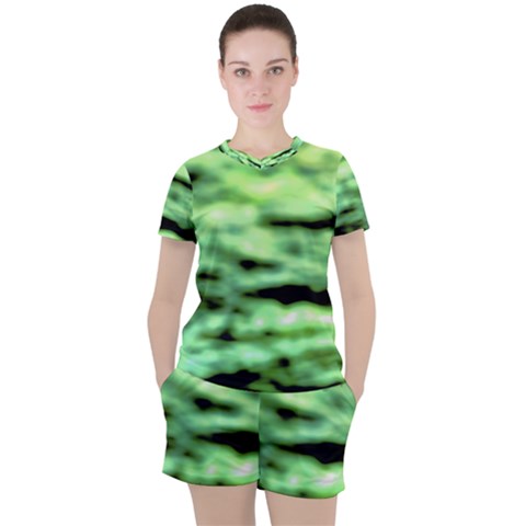 Green  Waves Abstract Series No13 Women s Tee And Shorts Set by DimitriosArt