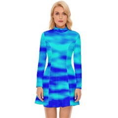 Blue Waves Abstract Series No12 Long Sleeve Velour Longline Dress by DimitriosArt