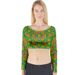 Stars Of Decorative Colorful And Peaceful  Flowers Long Sleeve Crop Top by pepitasart