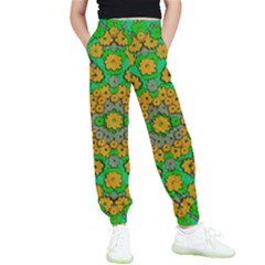 Stars Of Decorative Colorful And Peaceful  Flowers Kids  Elastic Waist Pants by pepitasart