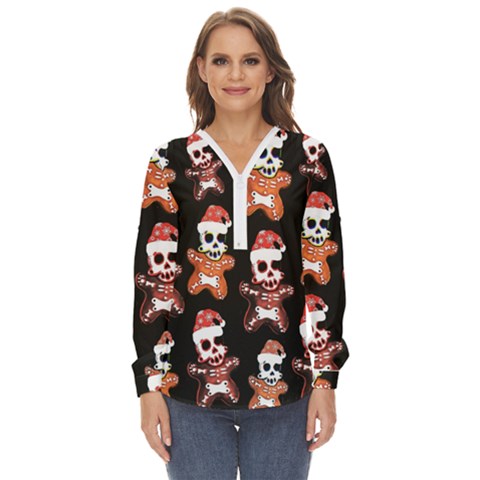 Zanoskull - Gingerbread Mon Zip Up Long Sleeve Blouse by Roxzanoart