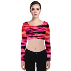 Red  Waves Abstract Series No15 Velvet Long Sleeve Crop Top by DimitriosArt