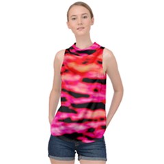 Red  Waves Abstract Series No15 High Neck Satin Top by DimitriosArt