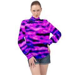 Purple  Waves Abstract Series No6 High Neck Long Sleeve Chiffon Top by DimitriosArt