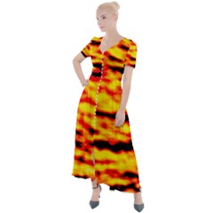 Red  Waves Abstract Series No16 Button Up Short Sleeve Maxi Dress by DimitriosArt