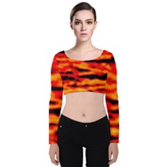 Red  Waves Abstract Series No17 Velvet Long Sleeve Crop Top by DimitriosArt