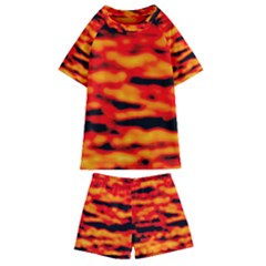 Red  Waves Abstract Series No17 Kids  Swim Tee And Shorts Set by DimitriosArt