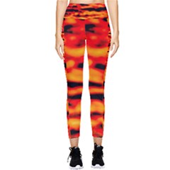 Red  Waves Abstract Series No17 Pocket Leggings  by DimitriosArt