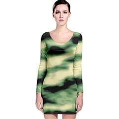 Green  Waves Abstract Series No14 Long Sleeve Velvet Bodycon Dress by DimitriosArt