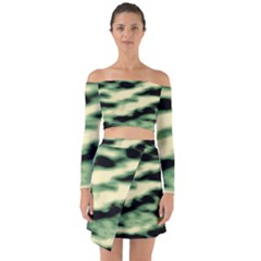 Green  Waves Abstract Series No14 Off Shoulder Top With Skirt Set by DimitriosArt