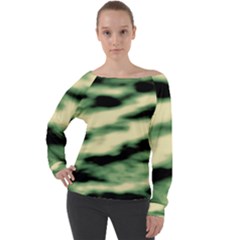 Green  Waves Abstract Series No14 Off Shoulder Long Sleeve Velour Top by DimitriosArt