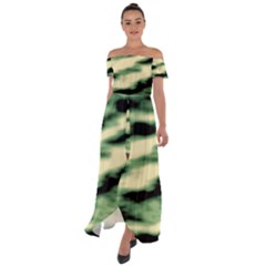 Green  Waves Abstract Series No14 Off Shoulder Open Front Chiffon Dress by DimitriosArt