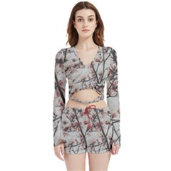 Botanical Scene Textured Beauty Print Velvet Wrap Crop Top And Shorts Set by dflcprintsclothing