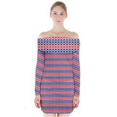 Red Blue White Troll Knots Pattern Long Sleeve Off Shoulder Dress by CVFabricShop