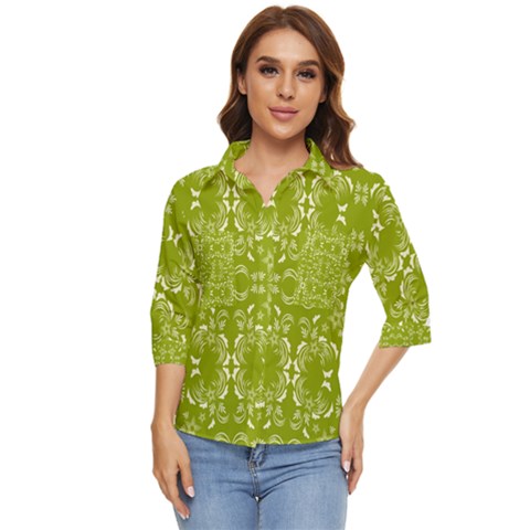 Floral Folk Damask Pattern  Women s Quarter Sleeve Pocket Shirt by Eskimos