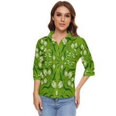 Floral folk damask pattern  Women s Quarter Sleeve Pocket Shirt