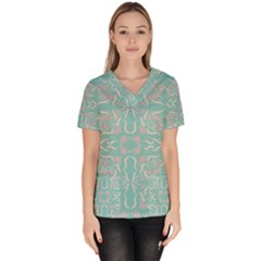 Floral Folk Damask Pattern  Women s V-neck Scrub Top by Eskimos