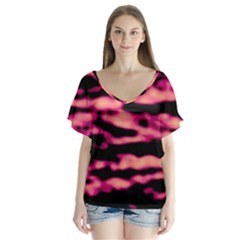 Pink  Waves Abstract Series No2 V-neck Flutter Sleeve Top by DimitriosArt