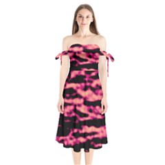 Pink  Waves Abstract Series No2 Shoulder Tie Bardot Midi Dress by DimitriosArt