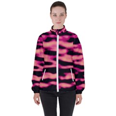 Pink  Waves Abstract Series No2 Women s High Neck Windbreaker by DimitriosArt