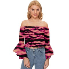 Pink  Waves Abstract Series No2 Off Shoulder Flutter Bell Sleeve Top by DimitriosArt