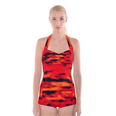 Red  Waves Abstract Series No16 Boyleg Halter Swimsuit  by DimitriosArt