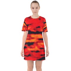 Red  Waves Abstract Series No16 Sixties Short Sleeve Mini Dress