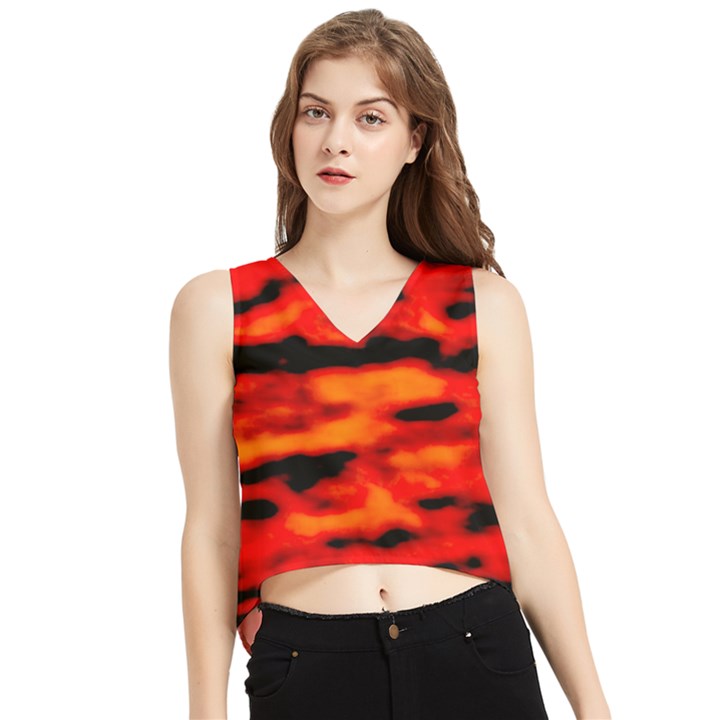 Red  Waves Abstract Series No16 V-Neck Cropped Tank Top