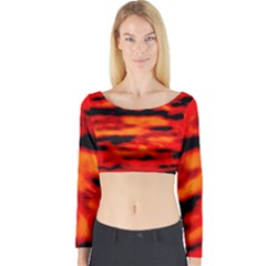 Red  Waves Abstract Series No16 Long Sleeve Crop Top by DimitriosArt