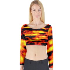 Red  Waves Abstract Series No18 Long Sleeve Crop Top by DimitriosArt