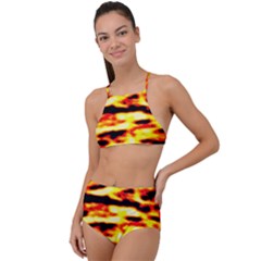 Red  Waves Abstract Series No19 High Waist Tankini Set by DimitriosArt