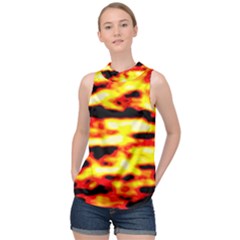 Red  Waves Abstract Series No19 High Neck Satin Top by DimitriosArt