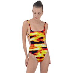 Red  Waves Abstract Series No19 Tie Strap One Piece Swimsuit by DimitriosArt