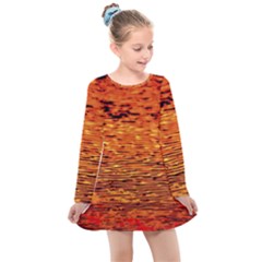 Red Waves Flow Series 1 Kids  Long Sleeve Dress by DimitriosArt