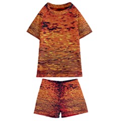 Red Waves Flow Series 1 Kids  Swim Tee And Shorts Set by DimitriosArt