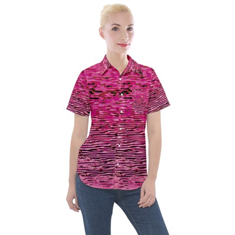 Pink  Waves Flow Series 1 Women s Short Sleeve Pocket Shirt by DimitriosArt