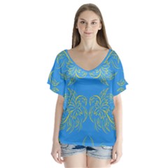 Floral Folk Damask Pattern Fantasy Flowers Floral Geometric Fantasy V-neck Flutter Sleeve Top by Eskimos