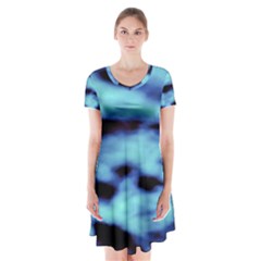 Blue Waves Flow Series 4 Short Sleeve V-neck Flare Dress by DimitriosArt