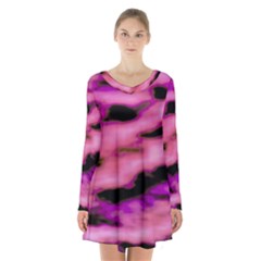 Pink  Waves Flow Series 2 Long Sleeve Velvet V-neck Dress by DimitriosArt