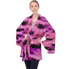 Pink  Waves Flow Series 2 Long Sleeve Velvet Kimono  by DimitriosArt