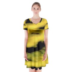 Yellow Waves Flow Series 1 Short Sleeve V-neck Flare Dress by DimitriosArt