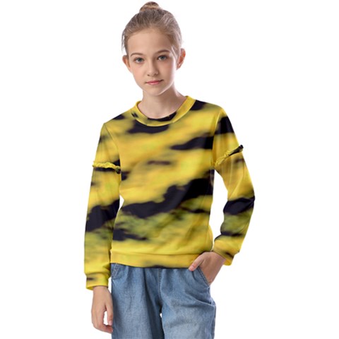 Yellow Waves Flow Series 1 Kids  Long Sleeve Tee With Frill  by DimitriosArt
