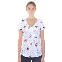 Cute Faces Of Snowmen Short Sleeve Front Detail Top by SychEva